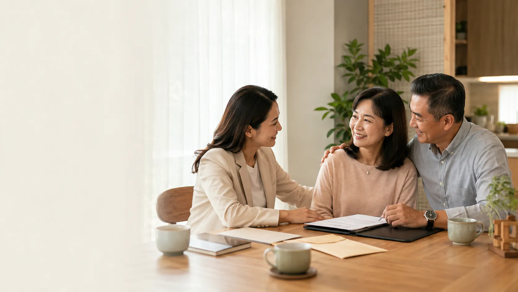 A financial advisor reassuring a couple at home